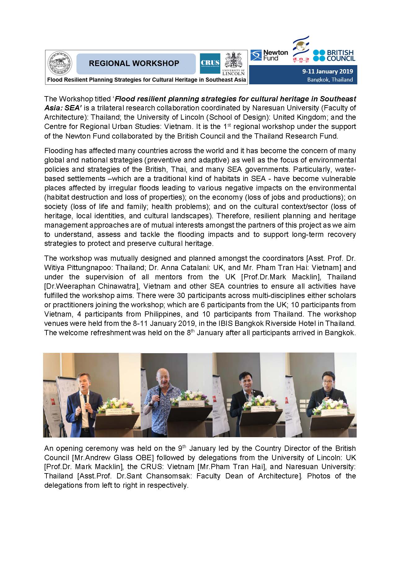 โครงการ Newton Fund Southeast Asia Regional Researcher Links Workshop : ‘Flood resilient planning strategies for cultural heritage in Southeast Asia: SEA’ 