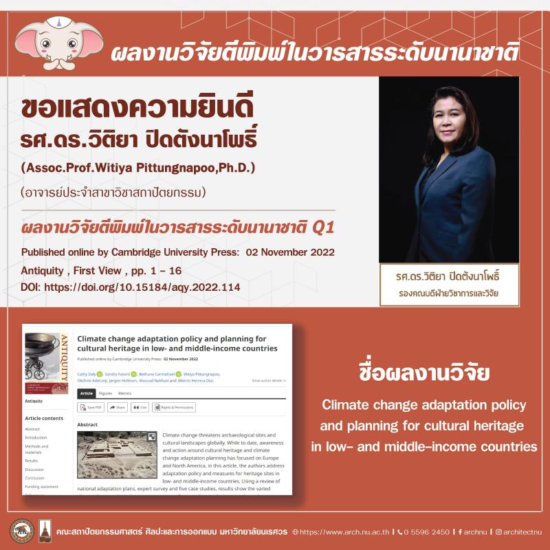 รองศาสตราจารย์ ดร.วิติยา ปิดตังนาโพธิ์ ผลงานวิจัยได้ตีพิมพ์ในวารสารระดับนานาชาติ Q1