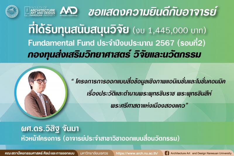 ผศ.ดร.วิสิฐ จันมา และคณะทีมงานวิจัย ได้รับทุนสนับสนุนวิจัย Fundamental Fund  ประจำปีงบประมาณ 2567 (รอบที่2)