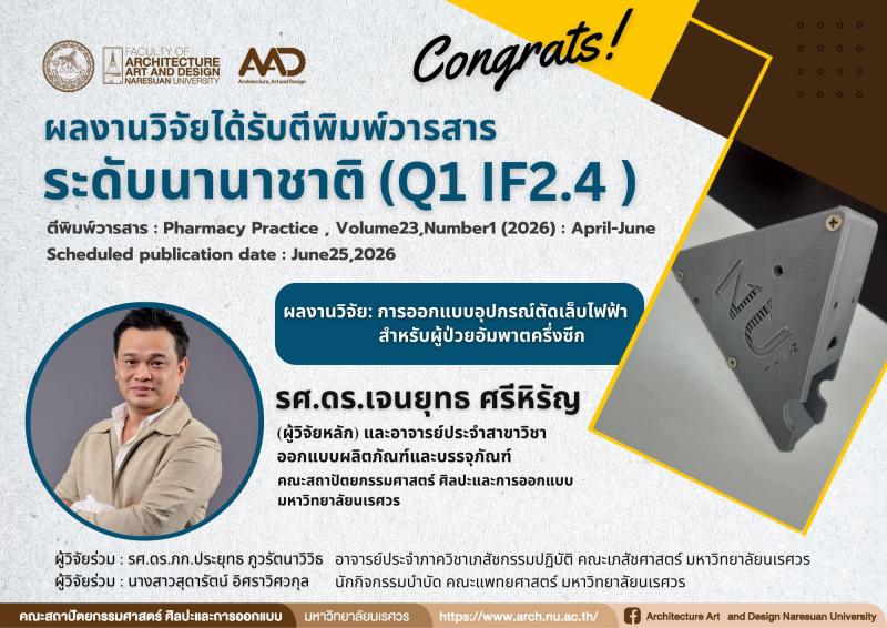 รศ.ดร.เจนยุทธ ศรีหิรัญ ผลงานวิจัยได้รับตีพิมพ์วารสารระดับนานาชาติ (Q1 IF2.4 ) ตีพิมพ์วารสาร : Pharmacy Practice