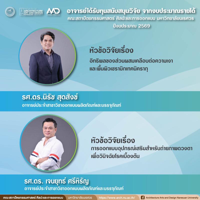 คณาจารย์ได้รับทุนโครงการวิจัยงบประมาณรายได้คณะสถาปัตยกรรมศาสตร์  ศิลปะและการออกแบบ มหาวิทยาลัยนเรศวร ประจำปีงบประมาณ 2569