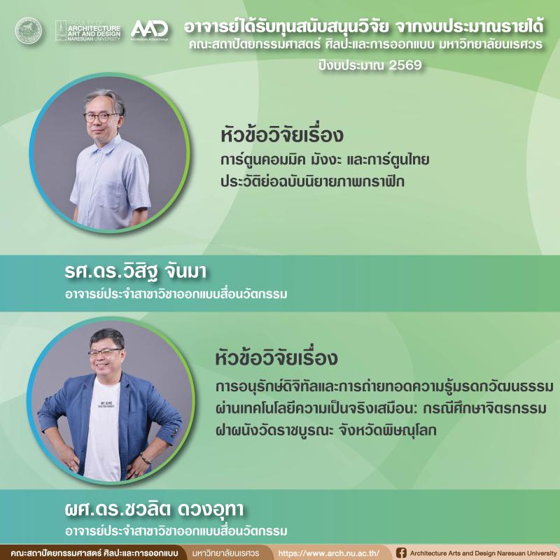 คณาจารย์ได้รับทุนโครงการวิจัยงบประมาณรายได้คณะสถาปัตยกรรมศาสตร์  ศิลปะและการออกแบบ มหาวิทยาลัยนเรศวร ประจำปีงบประมาณ 2569