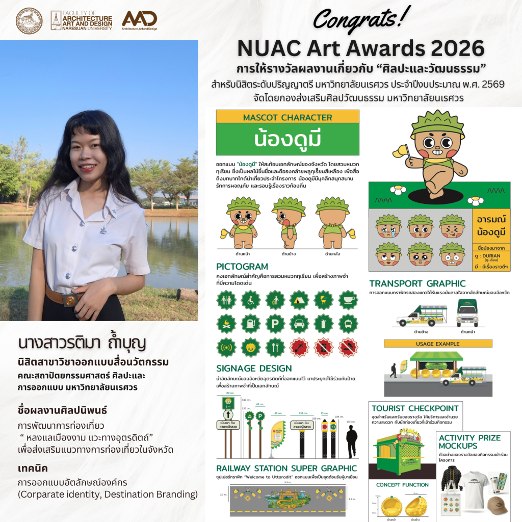นิสิตคณะสถาปัตย์ฯ คว้ารางวัล NUAC Art Awards 2026 (7 รางวัล) โครงการการให้รางวัลผลงานเกี่ยวกับ “ศิลปะและวัฒนธรรม” สำหรับนิสิตระดับปริญญาตรี มหาวิทยาลัยนเรศวร ประจำปีงบประมาณ พ.ศ. 2569 
